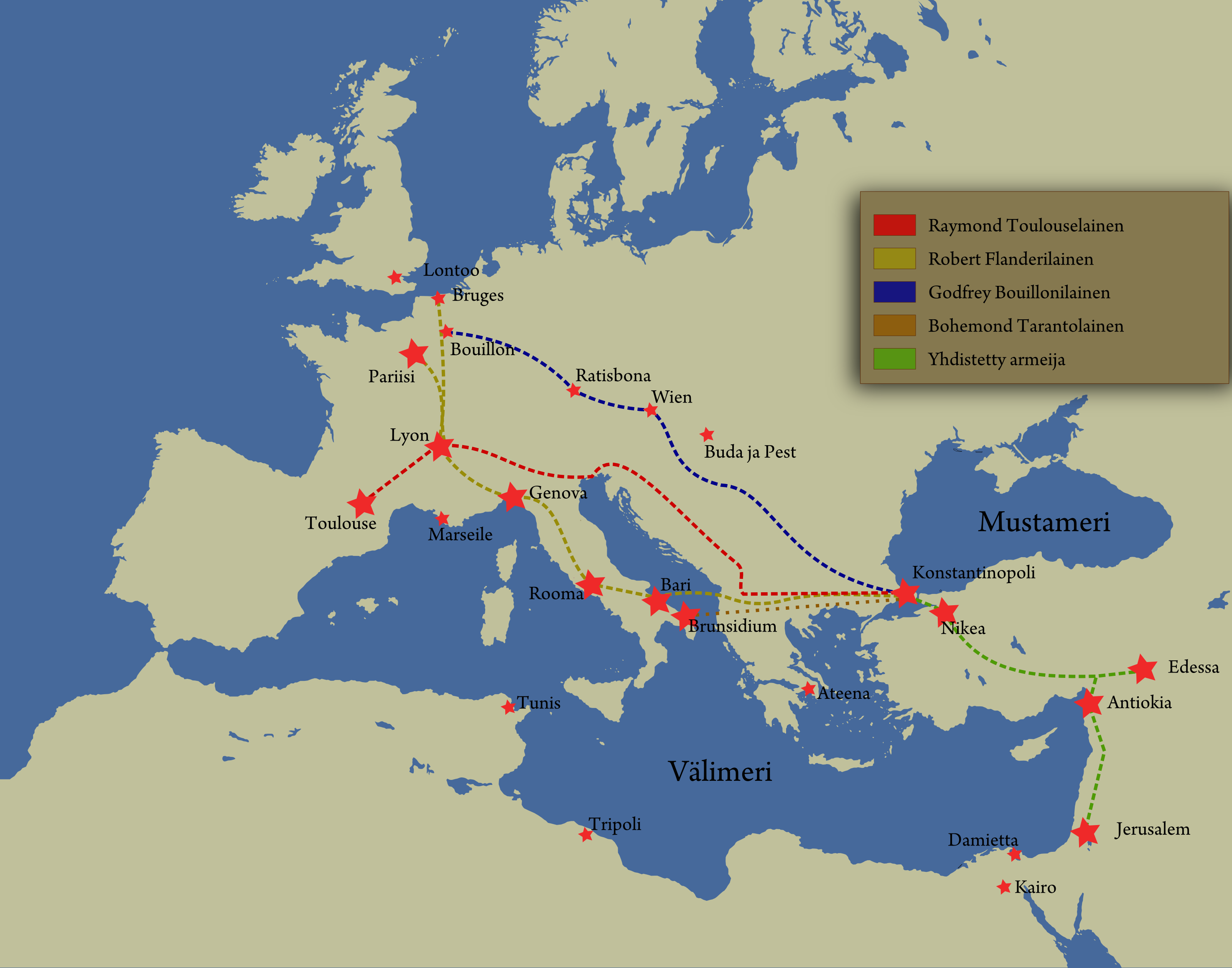 Map of First Crusade   Roads of main armies fi 十字軍、正義の名のもとに集まった伝説の騎士団の資金源とは。